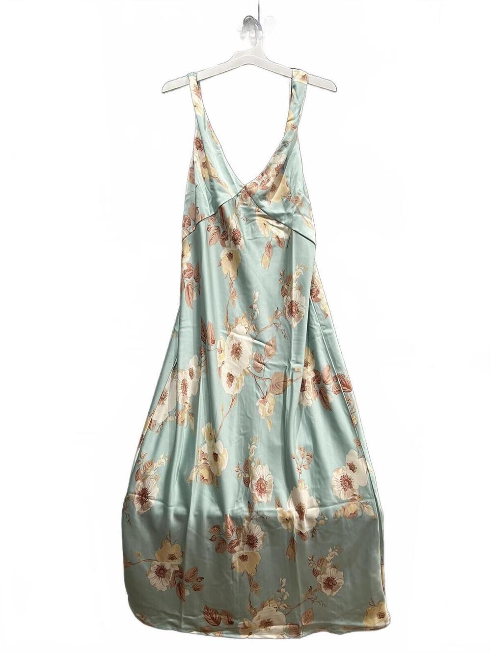 A New Day, Women's Satin Maxi Slip Dress, Mint floral, Open Back, Size XL